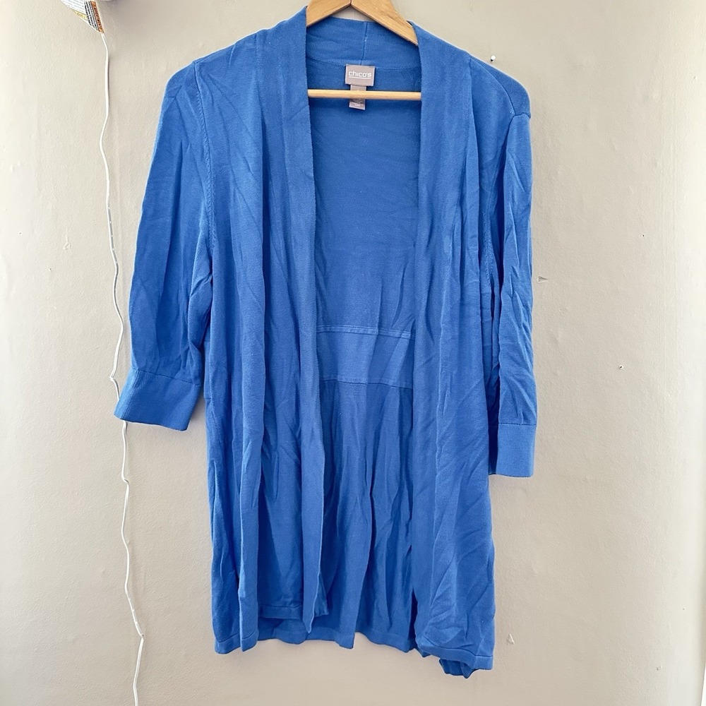 Chicos Women Open Front Cardigan Size 2 Large Half Sleeve Blue Casual Lightweigt